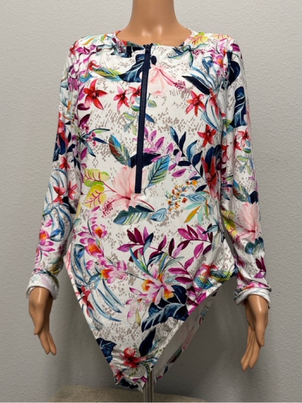 Mynah Floral Print White Long-sleeve One-Piece Swimsuit